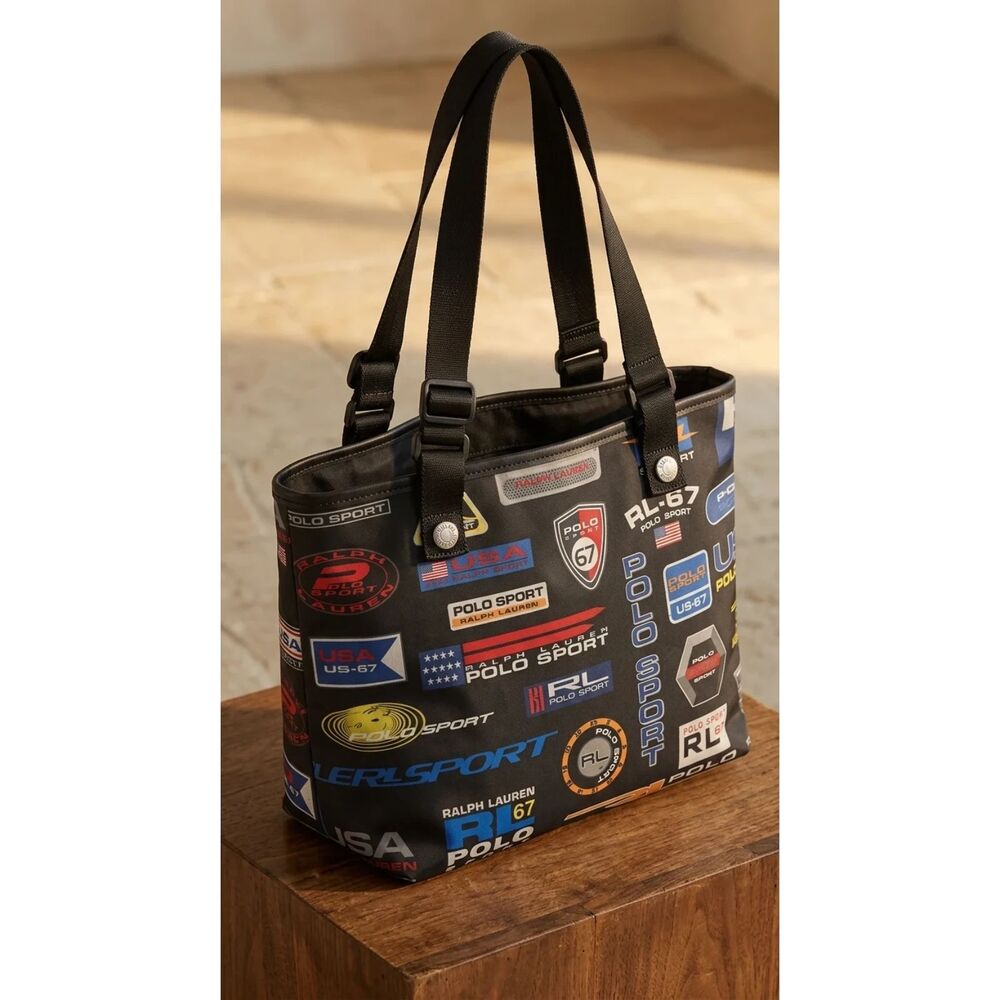 Polo Sport Ralph Lauren Bag Satin Black with multicolor allover logo print Sz on